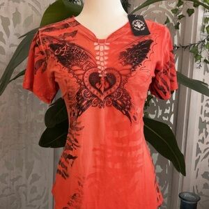 Affliction Coral-Orange Lace-Up Butterfly Heart Tee